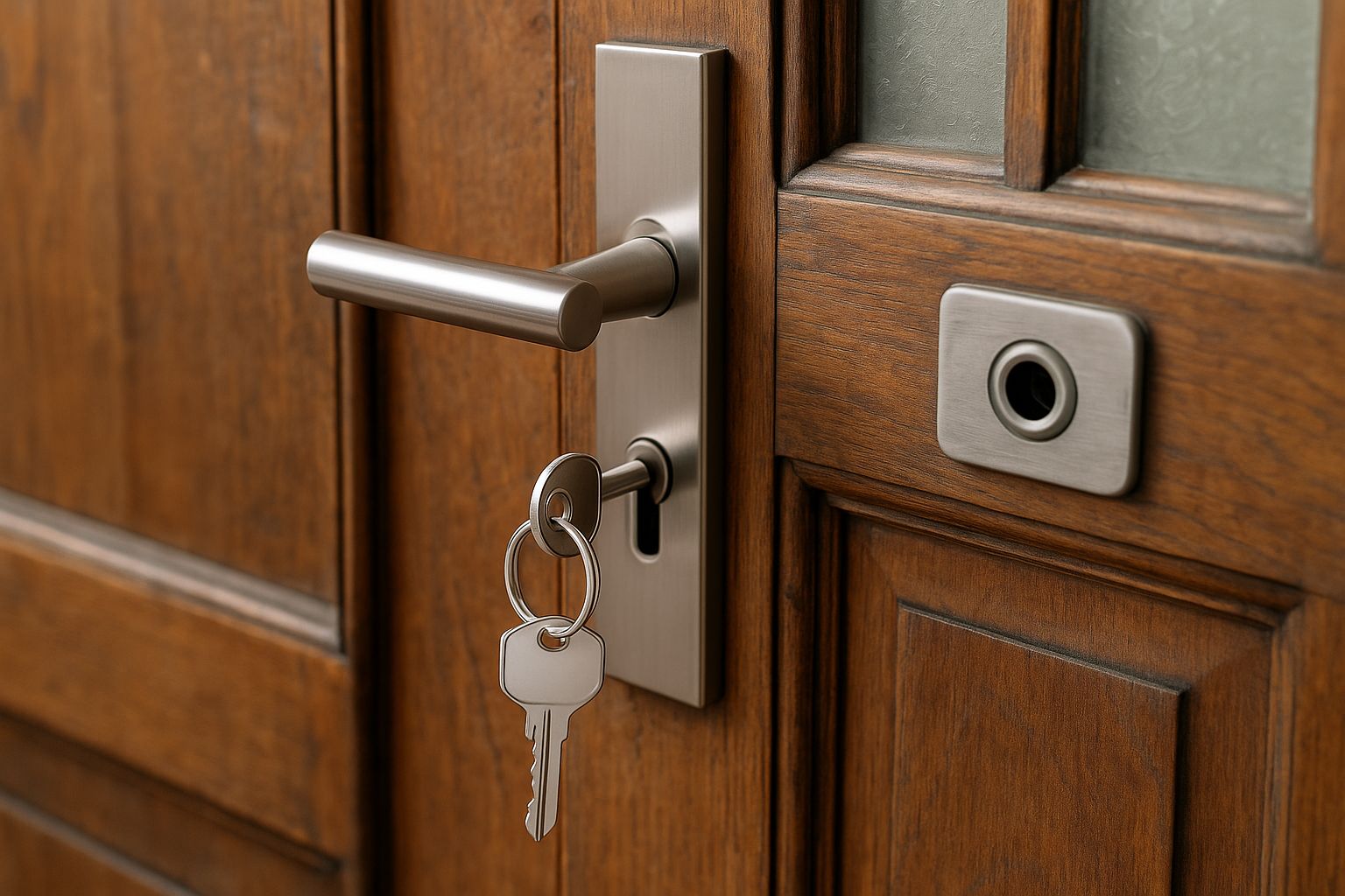 Gros plan sur un mécanisme de serrure de porte, montrant le pêne et le cylindre.